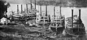 Steamboats pulled up at Pittsburg Landing on the west bank of the Tennessee River.